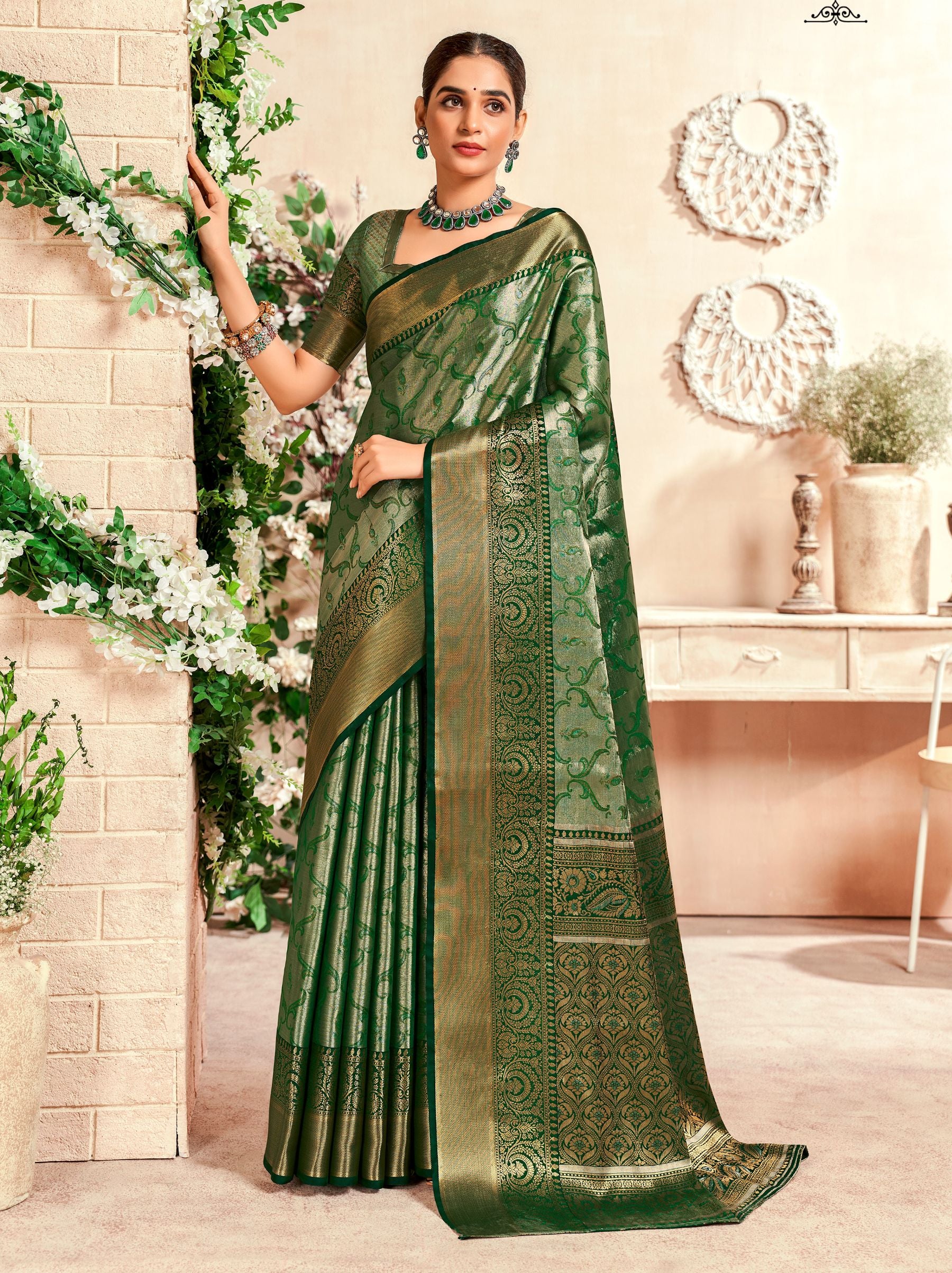 Forest Green Soft Silk Zari Weaving Wedding Saree - TrendOye