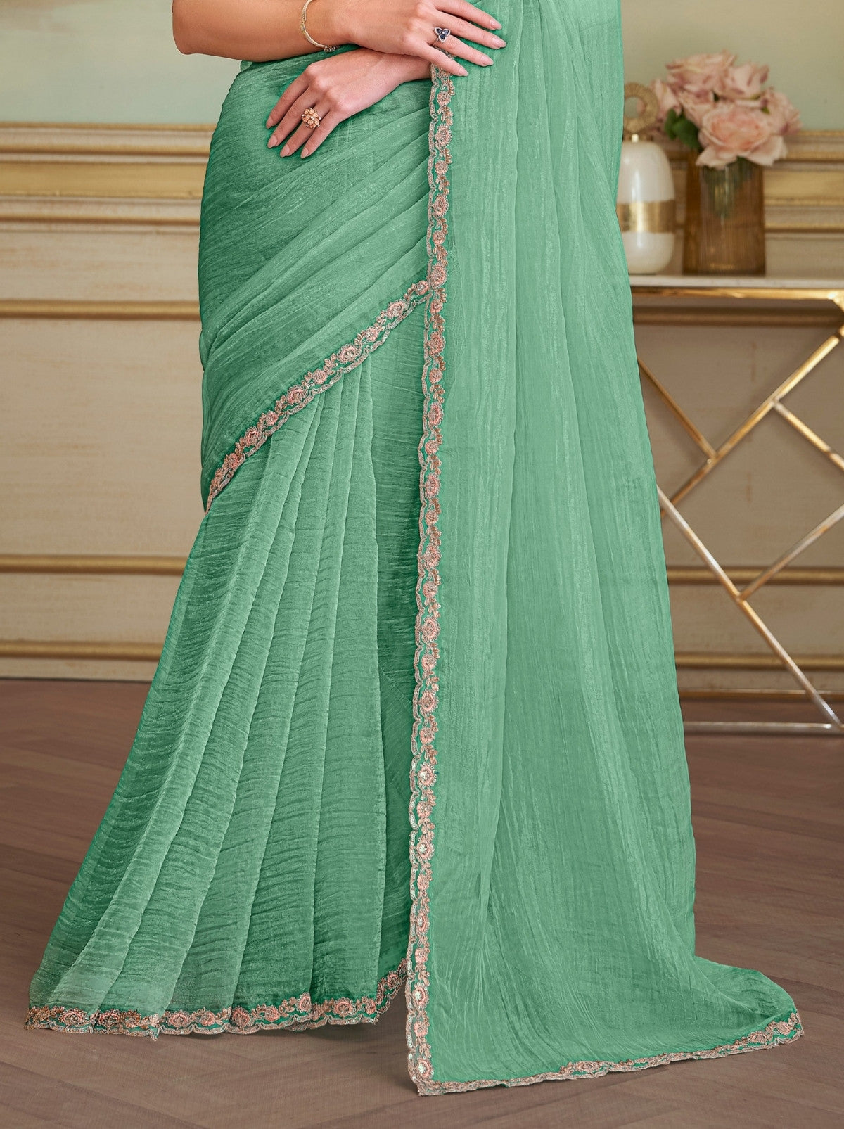 Mint Green Tissue Crush Georgette Silk Saree With Sequin & Thread Work