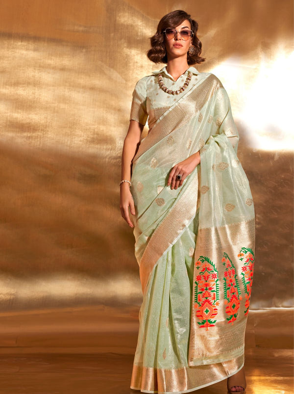 Tea Green Paithani Tissue Silk Blended Saree - TrendOye