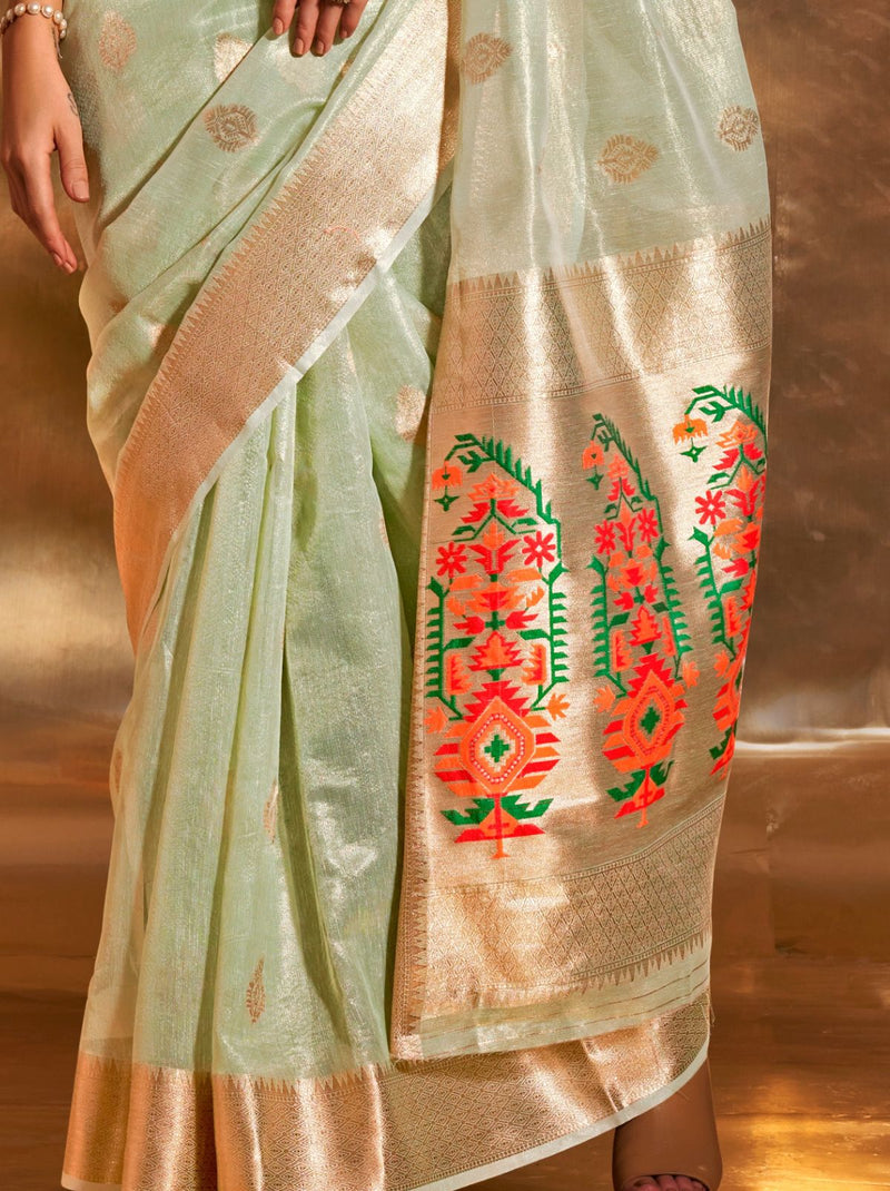 Tea Green Paithani Tissue Silk Blended Saree - TrendOye