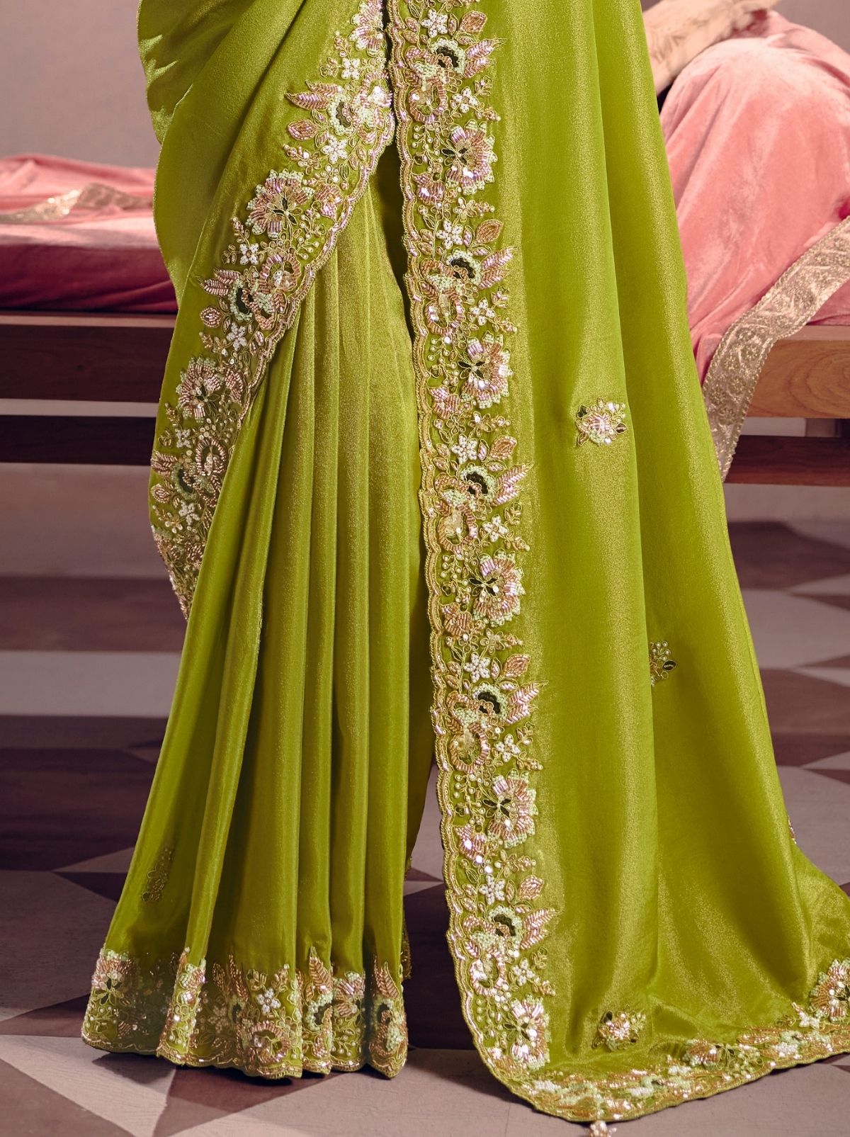 Limerick Green Tissue Silk Saree with Couture Beadwork & Zari Detailing