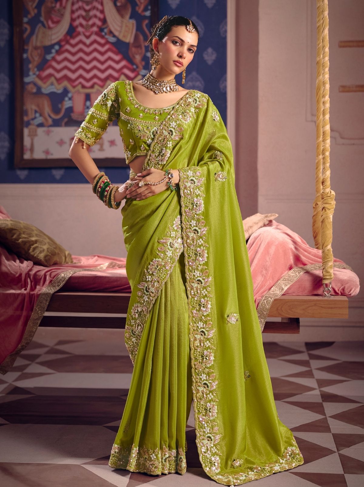 Limerick Green Tissue Silk Saree with Couture Beadwork & Zari Detailing