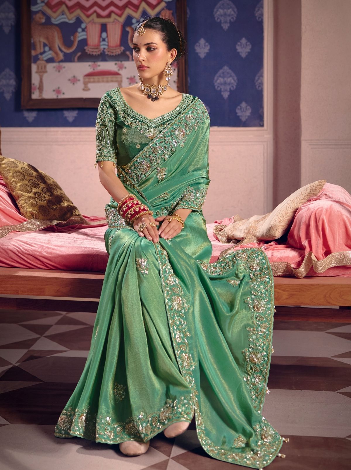 Jungle Green Tissue Silk Saree with Couture Beadwork & Zari Detailing
