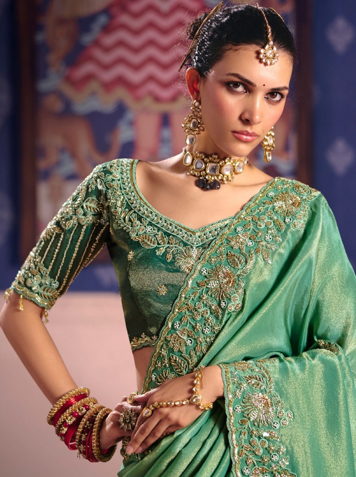 Jungle Green Tissue Silk Saree with Couture Beadwork & Zari Detailing