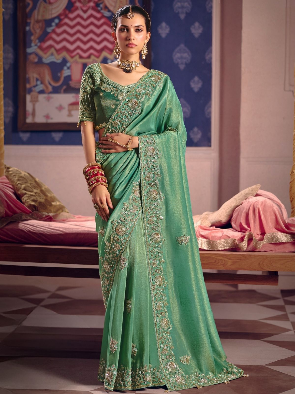 Jungle Green Tissue Silk Saree with Couture Beadwork & Zari Detailing