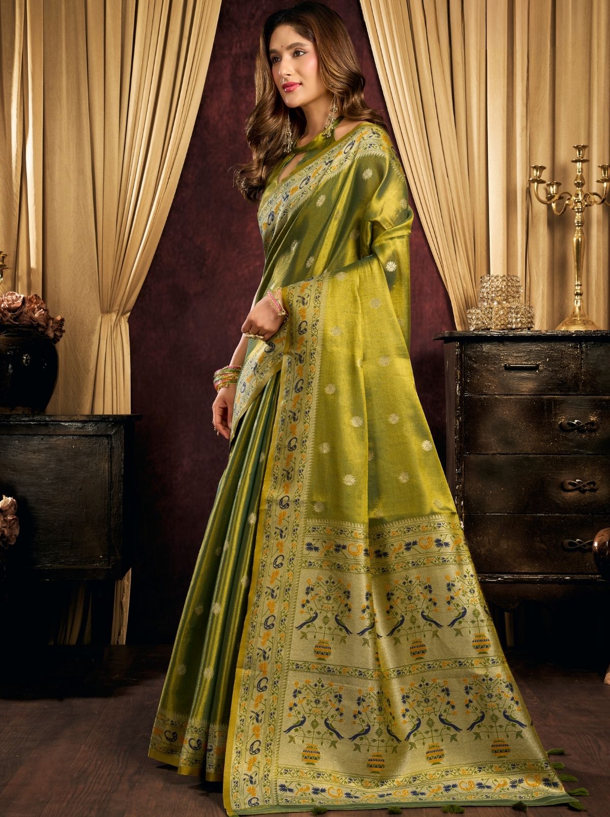 Apple Green Tissue Silk Saree with Soft Zari & Tassels