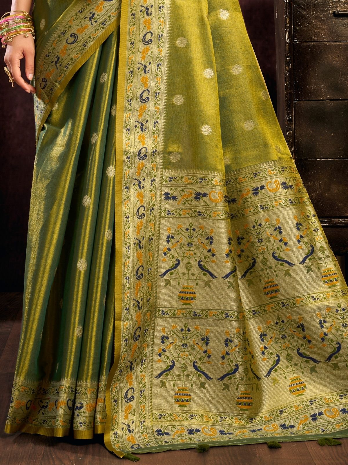 Apple Green Tissue Silk Saree with Soft Zari & Tassels