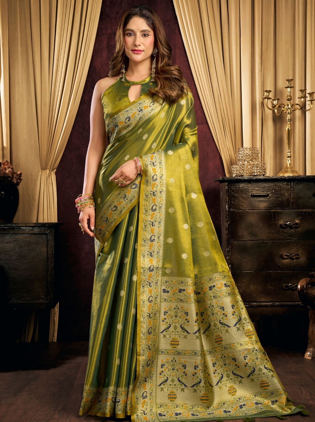 Apple Green Tissue Silk Saree with Soft Zari & Tassels