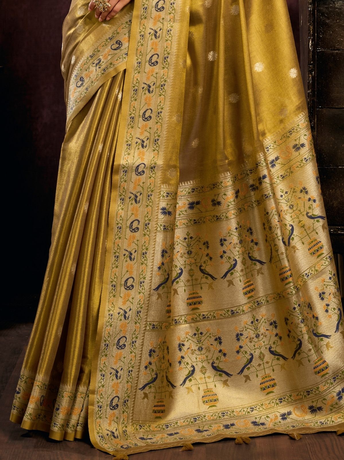 Olive Green Tissue Silk Saree with Soft Zari & Tassels