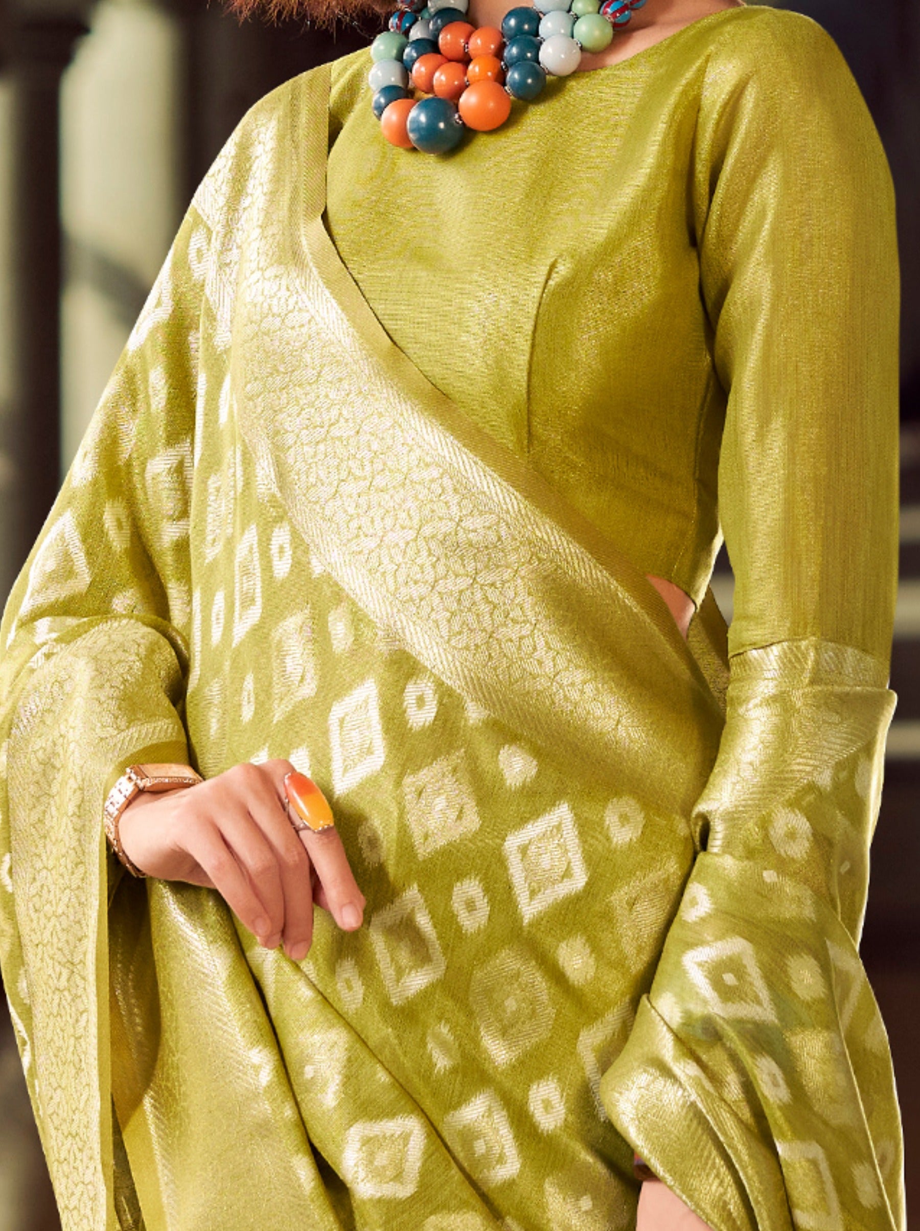 Apple Green Premium Tissue Silk Festive Saree - TrendOye