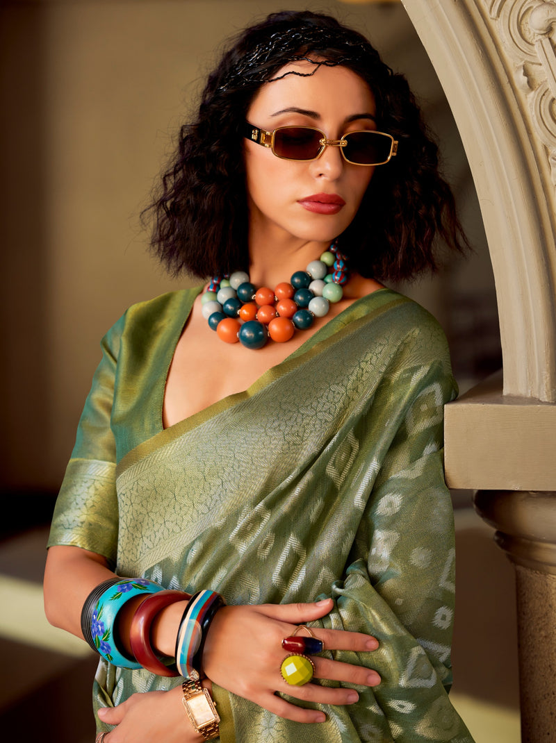 Olive Green Premium Tissue Silk Festive Saree