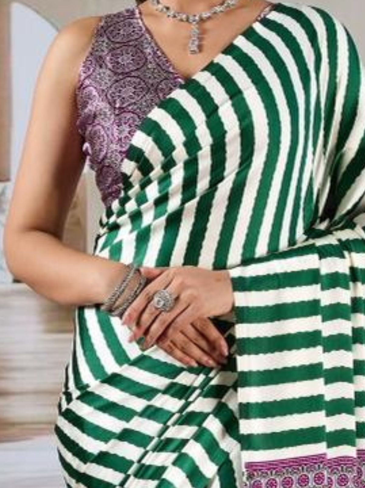 Hunter Green Trendy Striped Ajrakh Print Saree With Blouse Piece - TrendOye