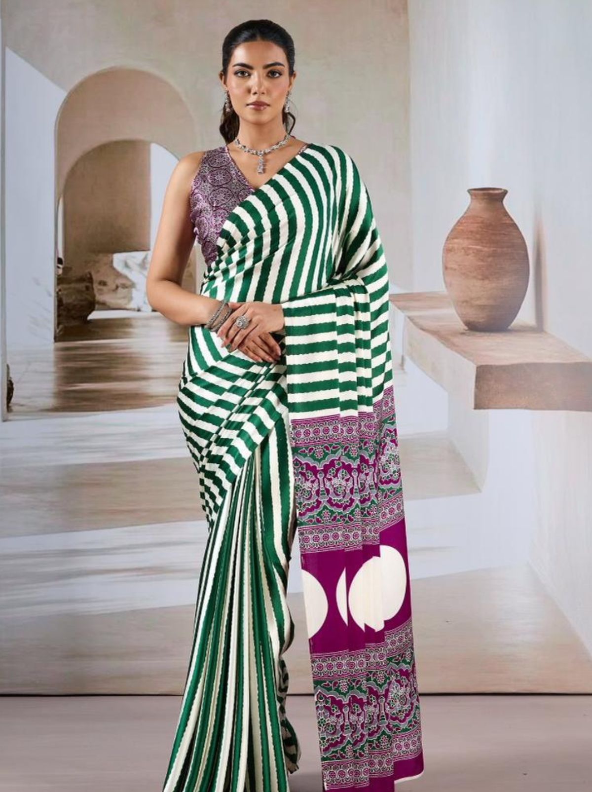 Hunter Green Trendy Striped Ajrakh Print Saree With Blouse Piece - TrendOye