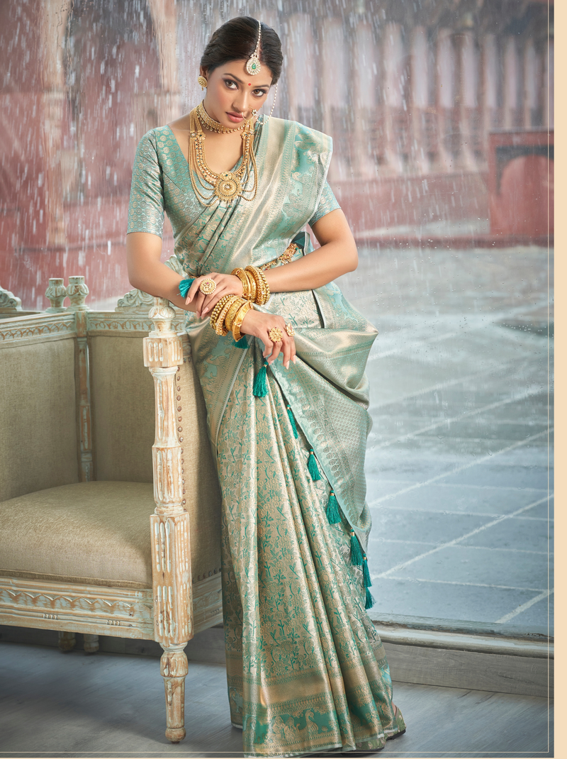 Turquoise Green Banarasi Silk Wedding Saree With Blouse Piece