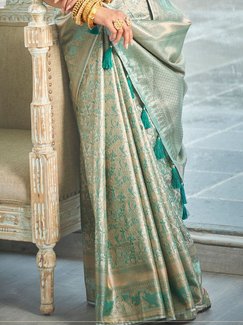 Turquoise Green Banarasi Silk Wedding Saree With Blouse Piece