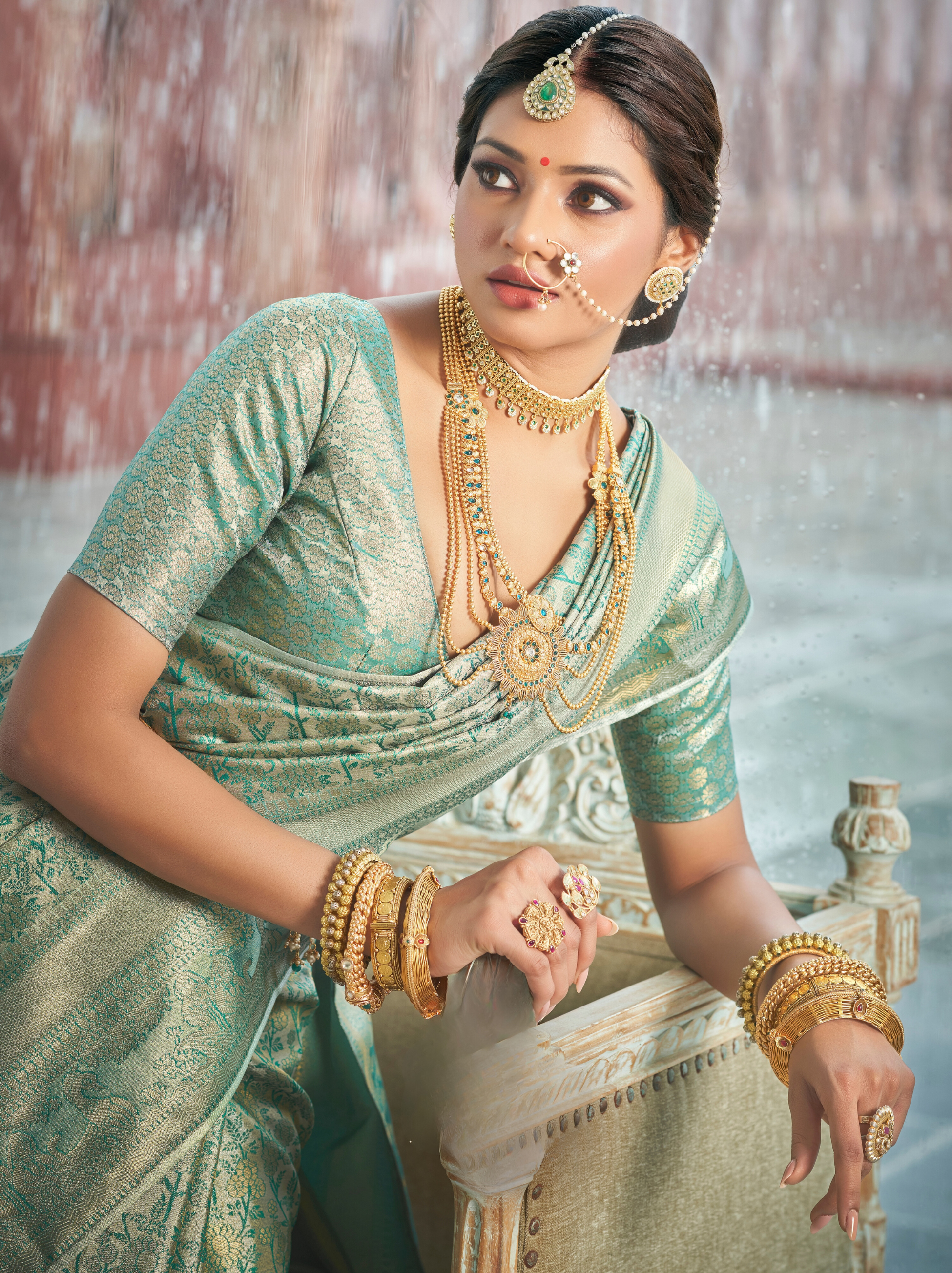 Turquoise Green Banarasi Silk Wedding Saree With Blouse Piece - TrendOye