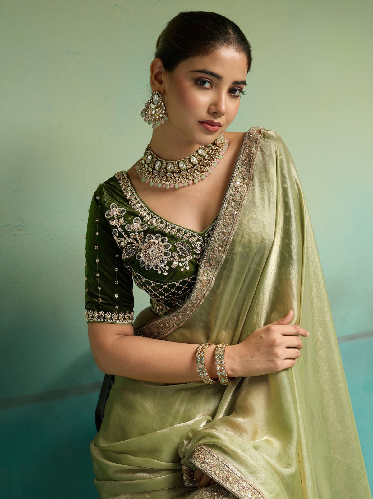 Pistachio Green Velvet Satin Celebration Saree with Heavy Blouse