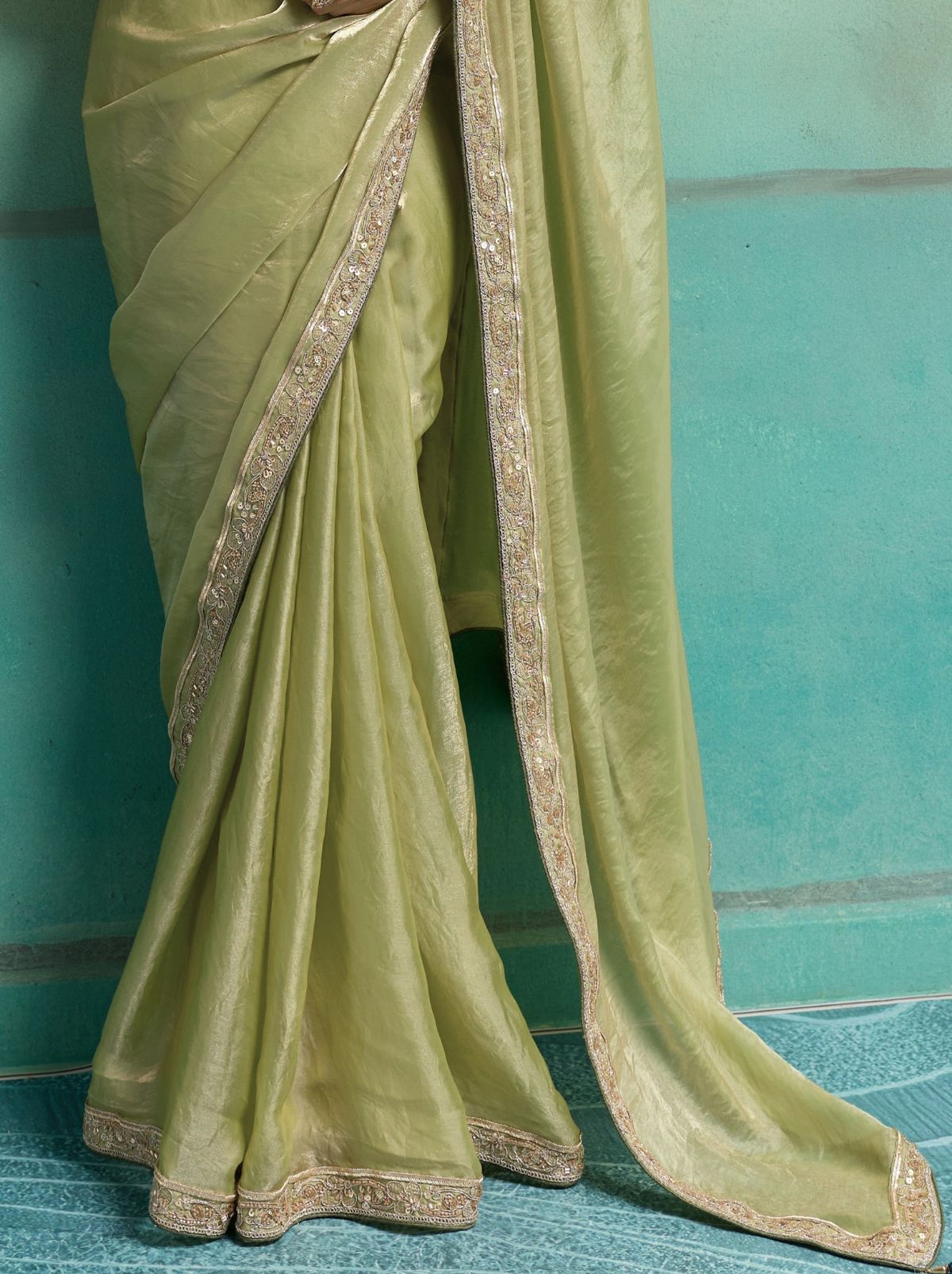 Pistachio Green Velvet Satin Celebration Saree with Heavy Blouse