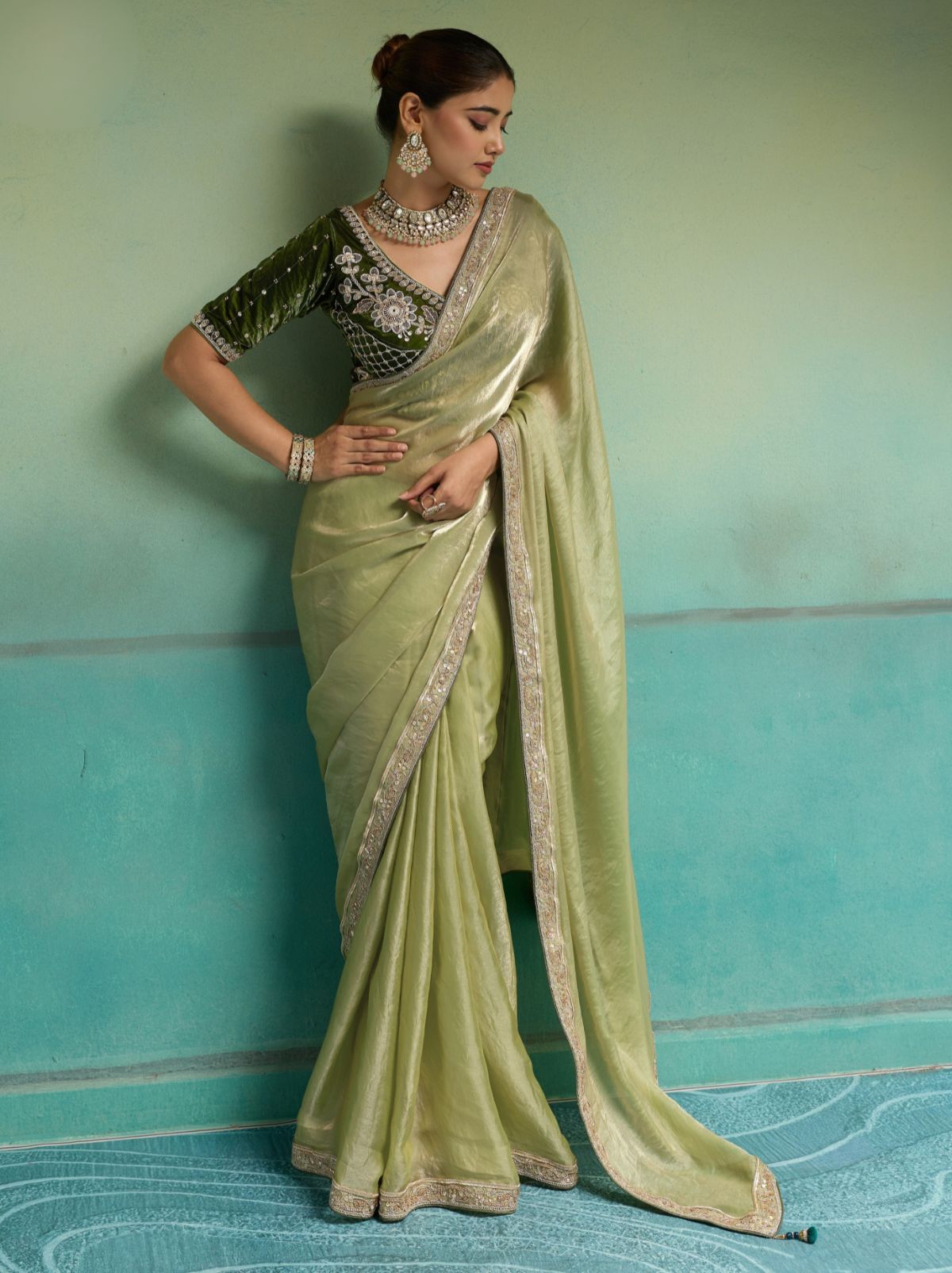 Pistachio Green Velvet Satin Celebration Saree with Heavy Blouse