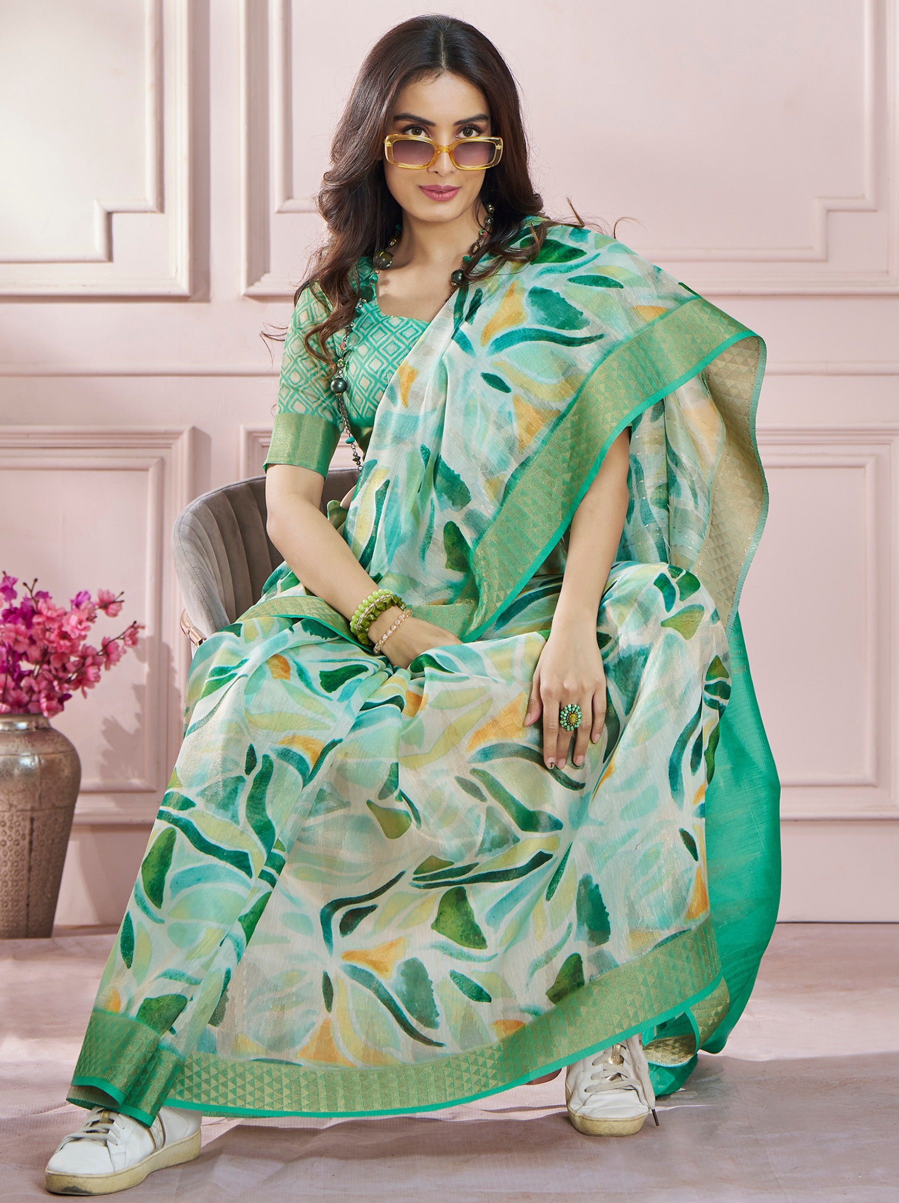 Jungle Green Celebration Saree - TrendOye