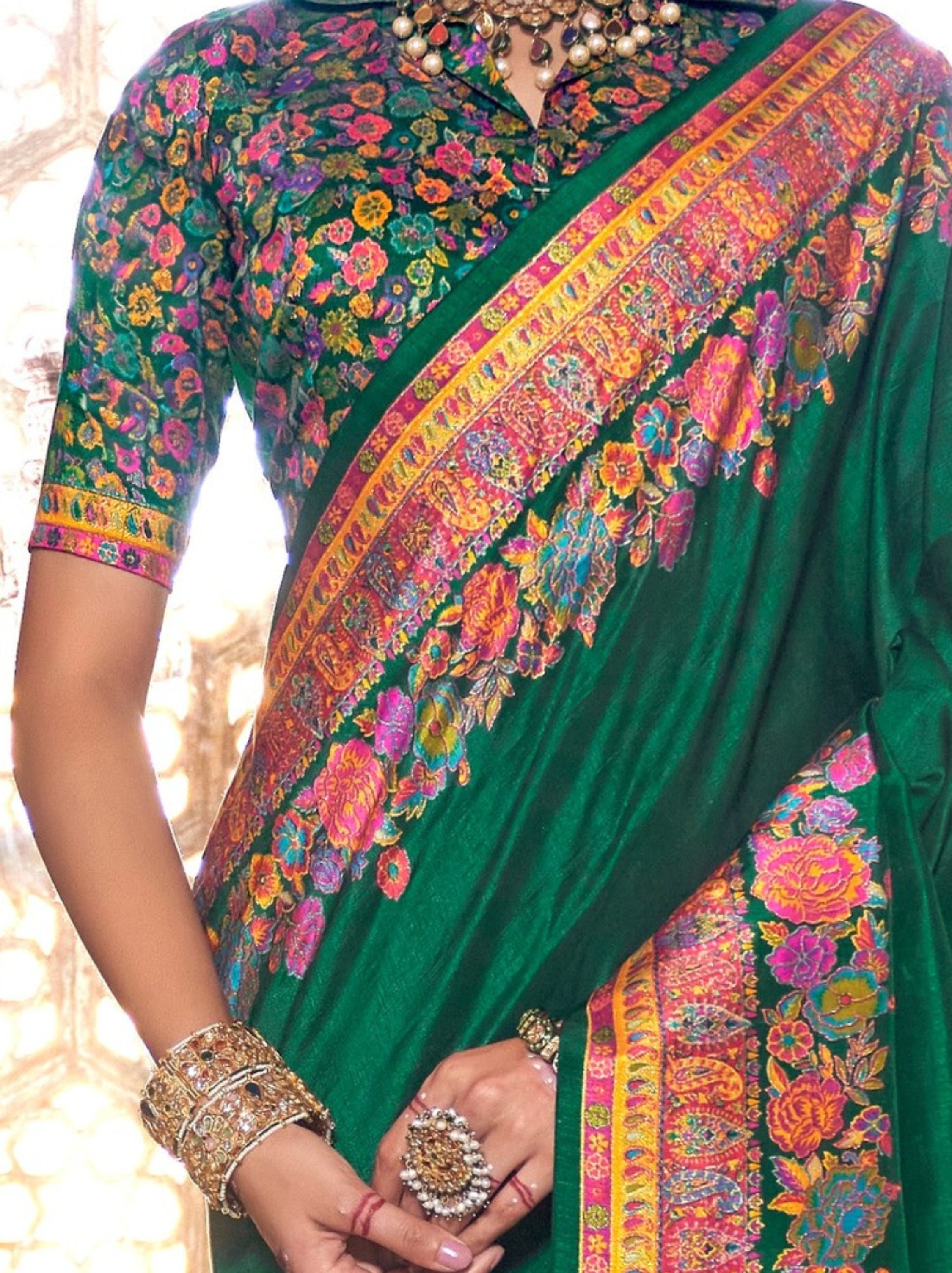 Bottle Green Ethnic Designer Silk Saree With Blouse Piece - TrendOye