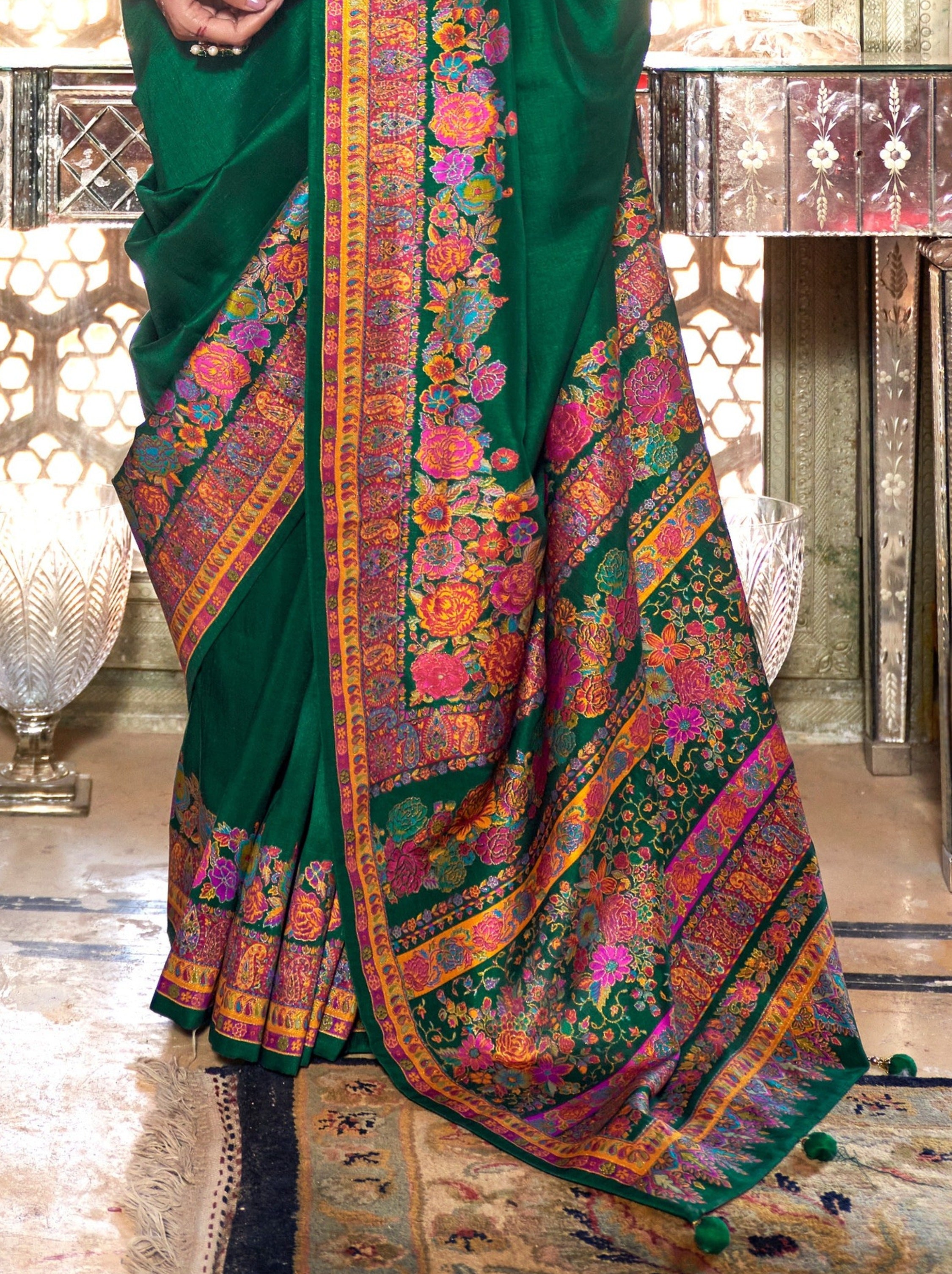 Bottle Green Ethnic Designer Silk Saree With Blouse Piece - TrendOye