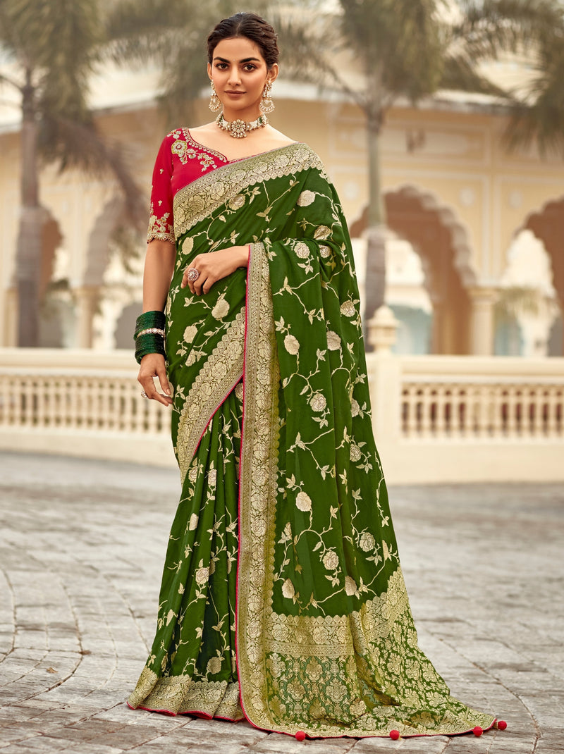 Jungle Green Designer Dola Silk Wedding Saree