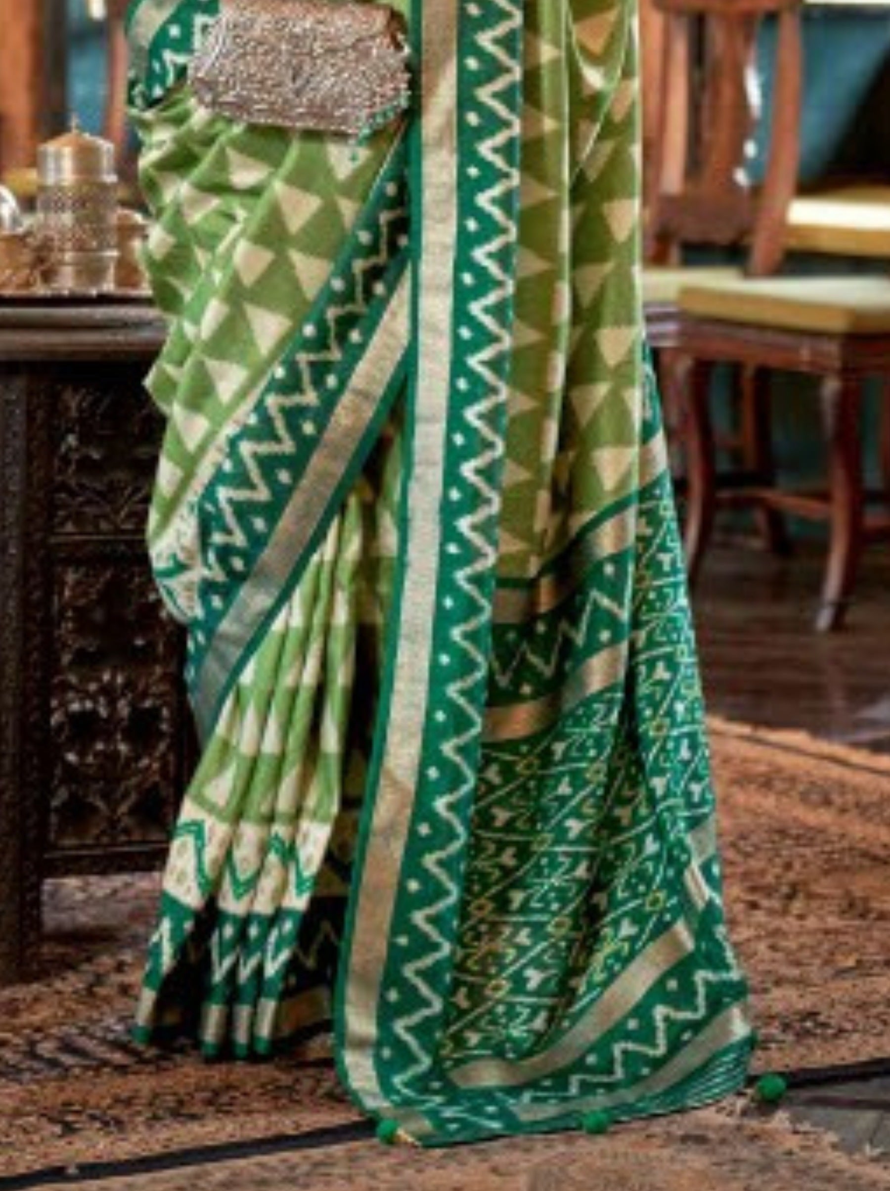 Lime Green Vibrant Patola Silk Festive Saree - TrendOye