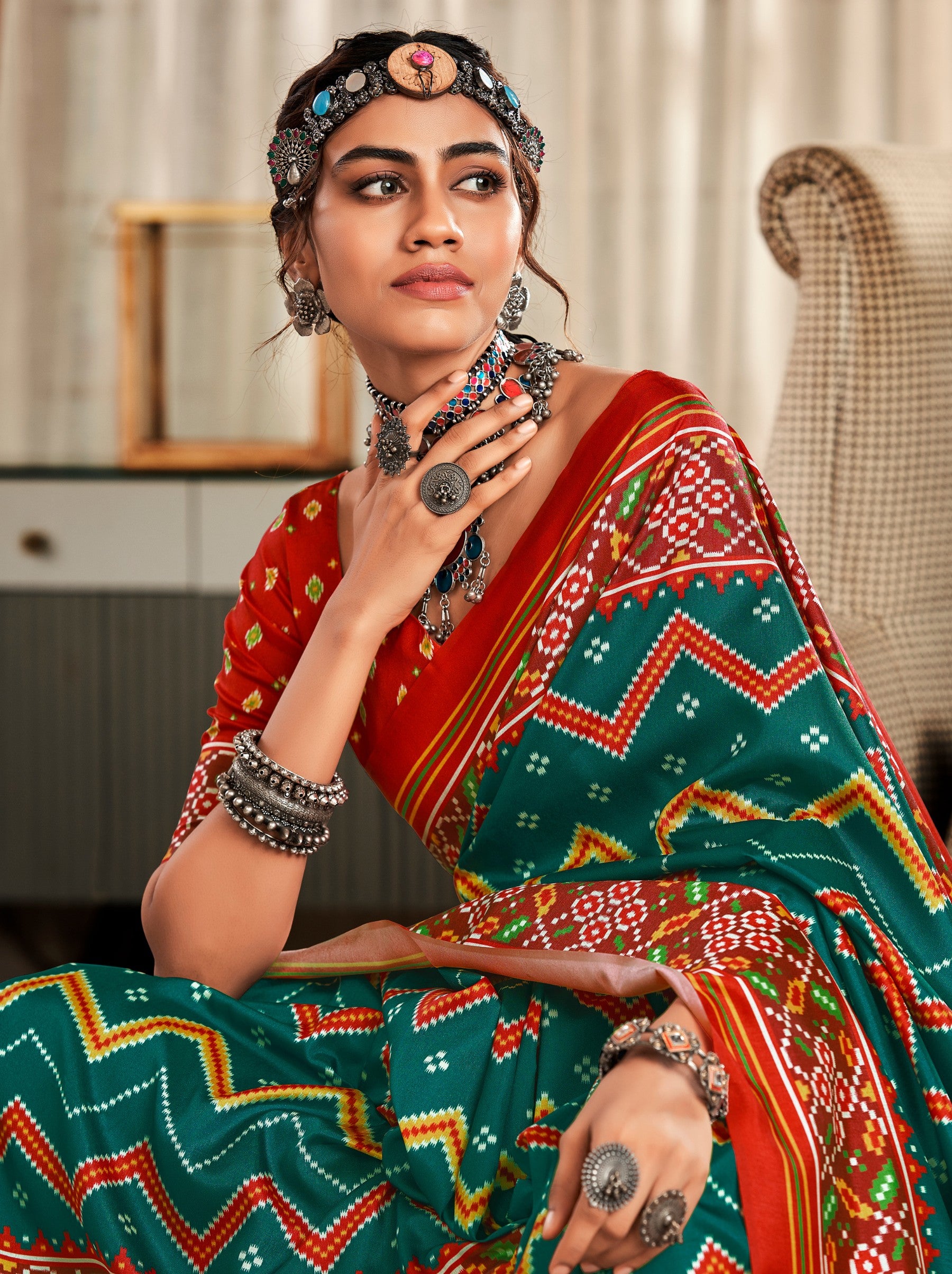 Emerald Green Patola Festive Saree - TrendOye