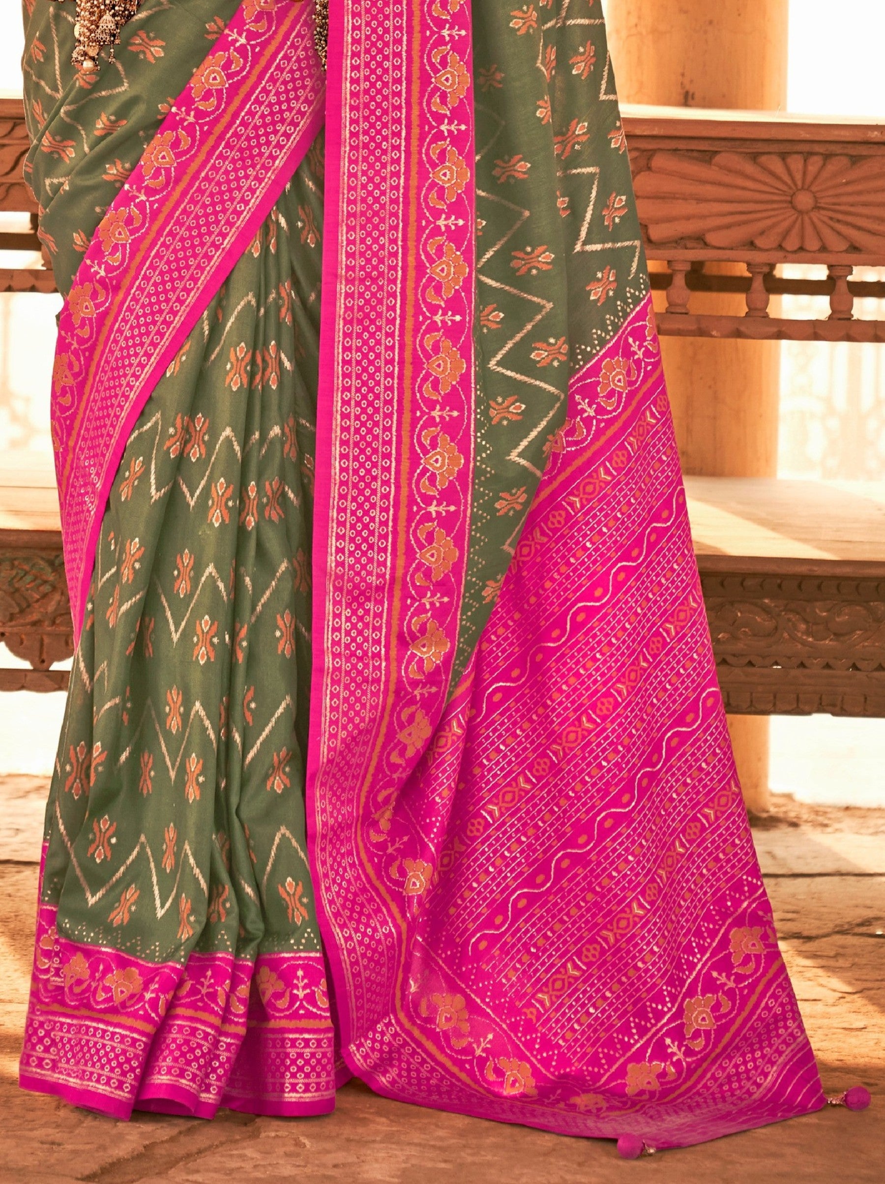 Moss Green Premium Patola Festive Saree - TrendOye