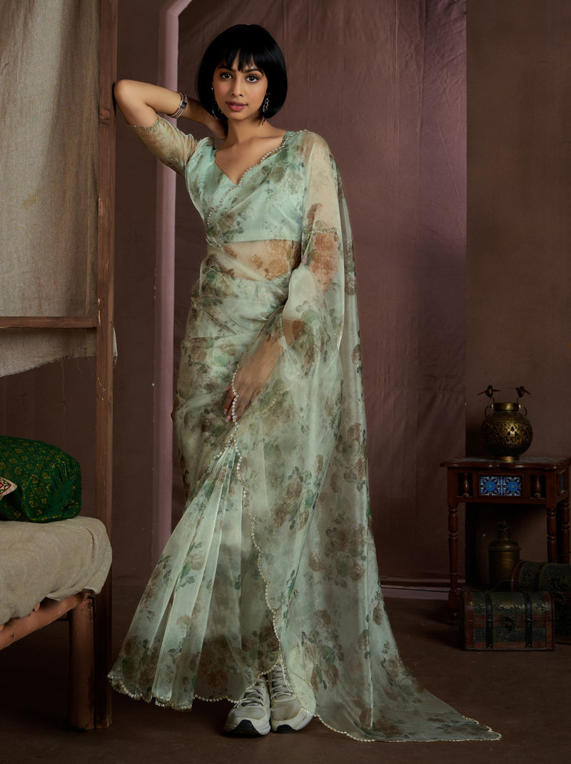 Pastel Green Digital Organza Silk Party Saree