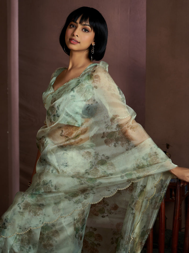 Pastel Green Digital Organza Silk Party Saree