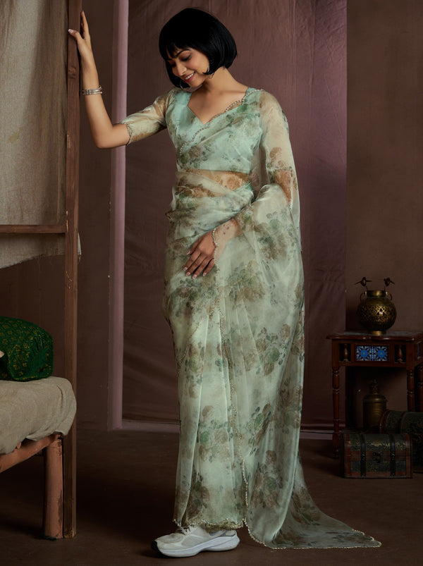 Pastel Green Digital Organza Silk Party Saree