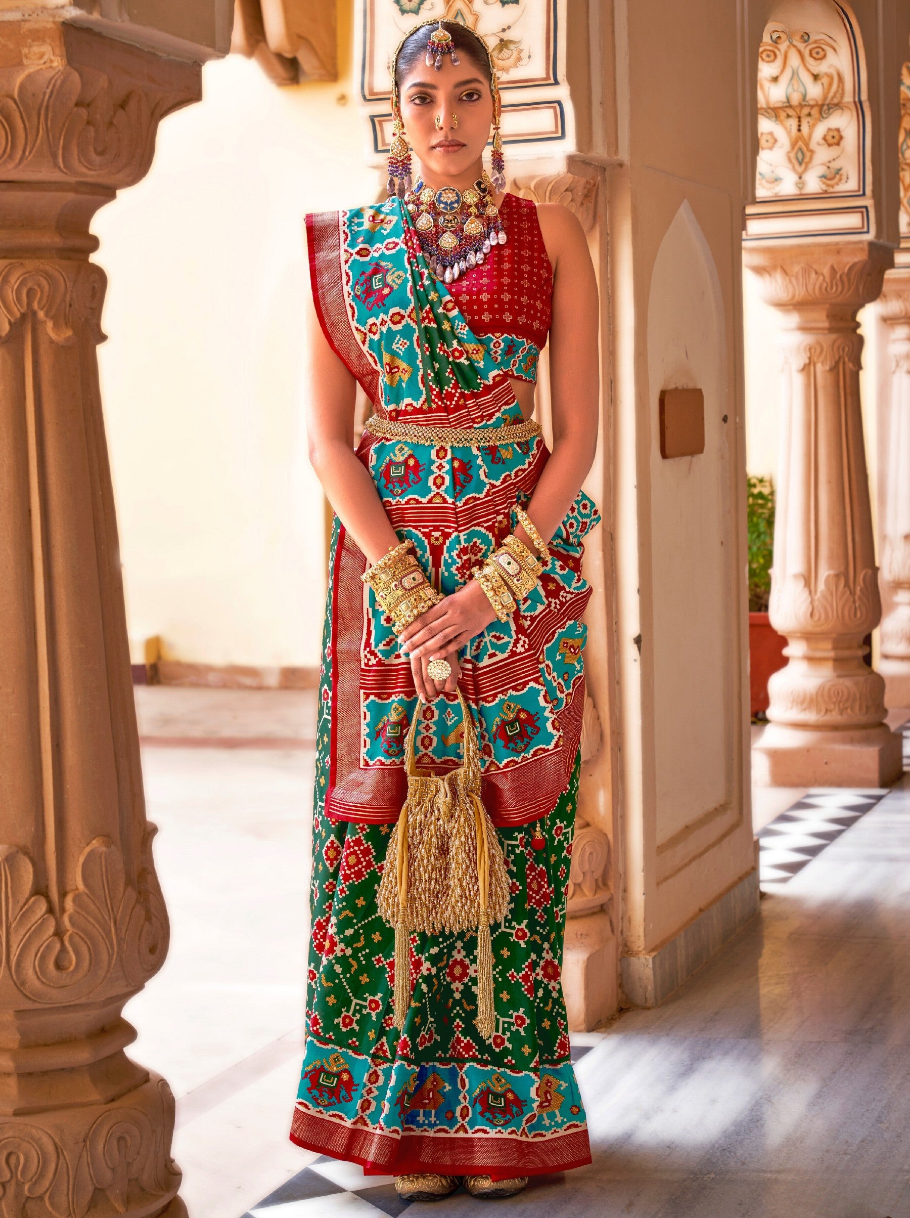 Forest Green Patola Festive Saree - TrendOye