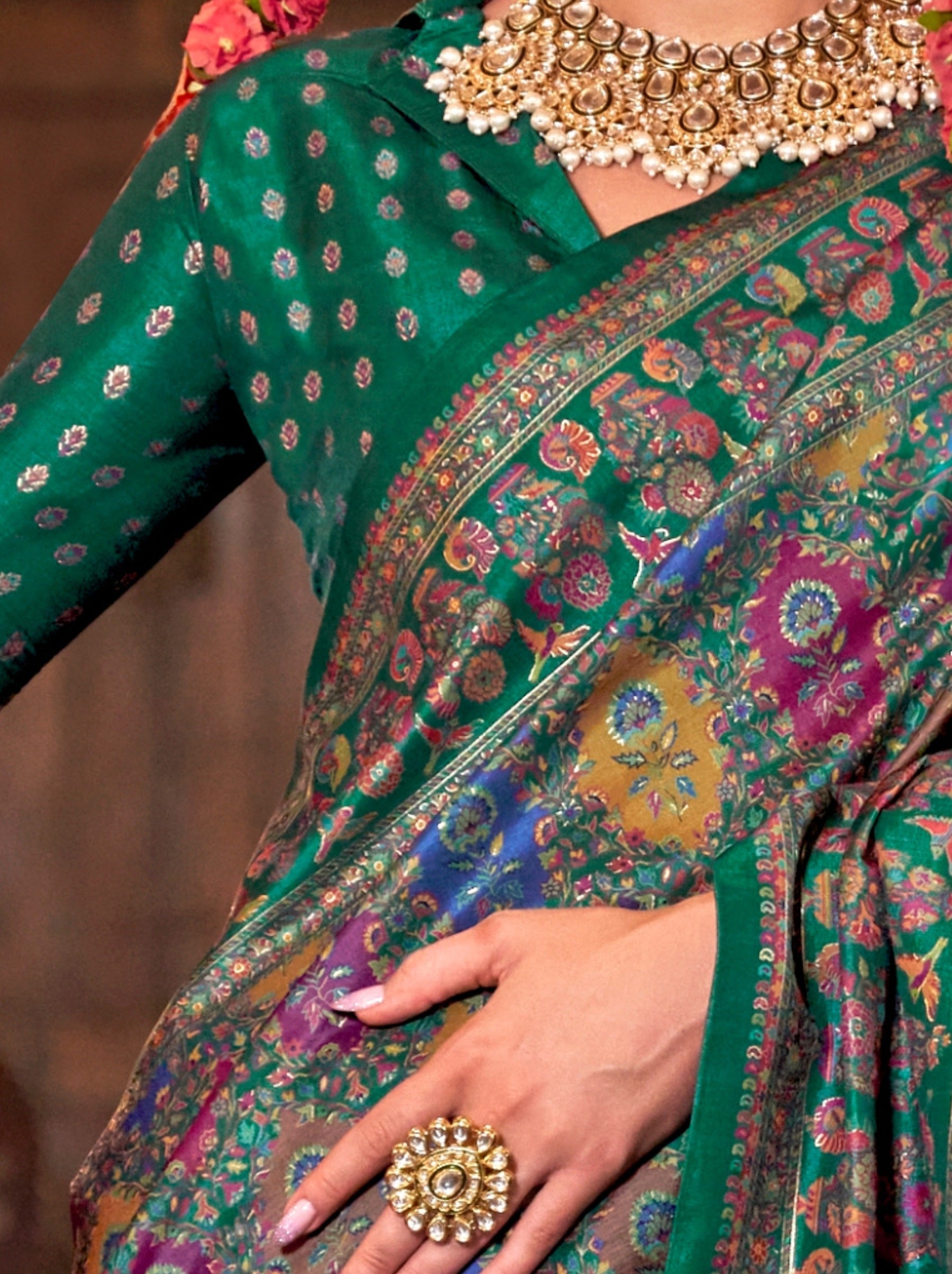 Emerald Green Fancy Silk Party Saree - TrendOye