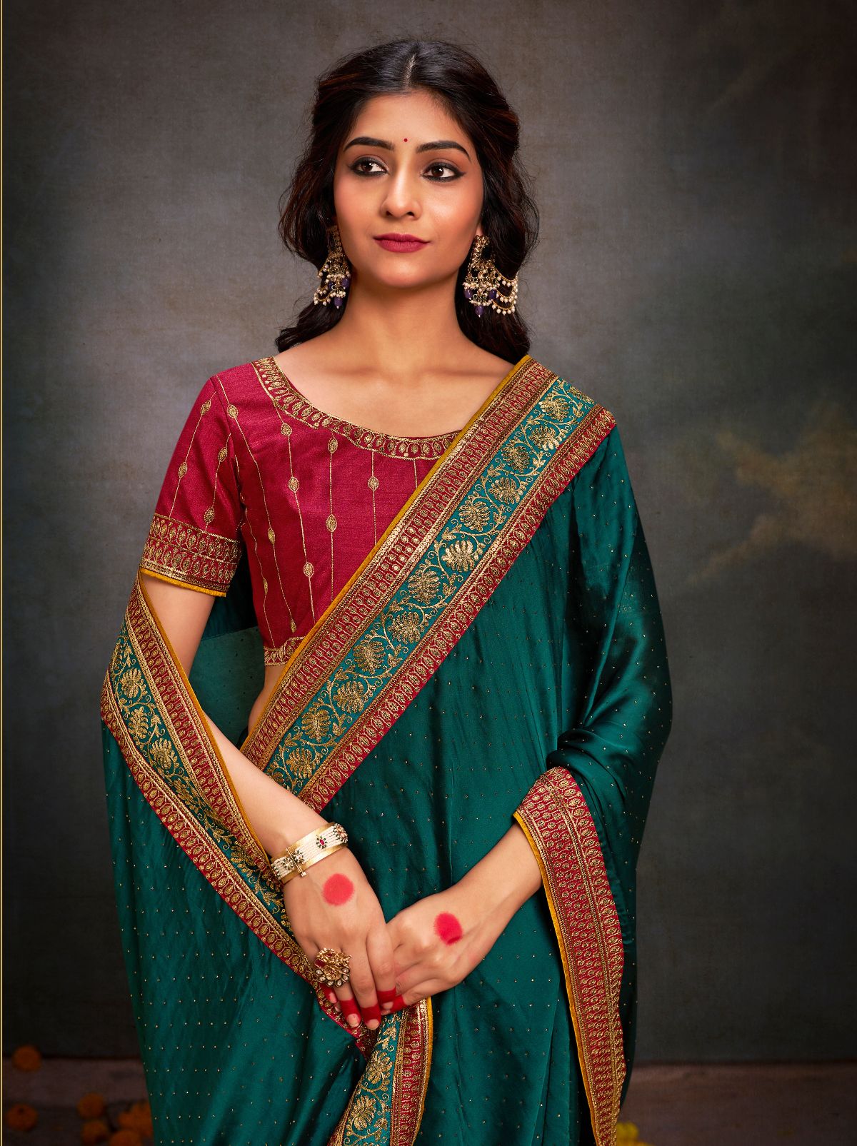 Pine Green Fine Premium Wedding Designer Silk Saree - TrendOye