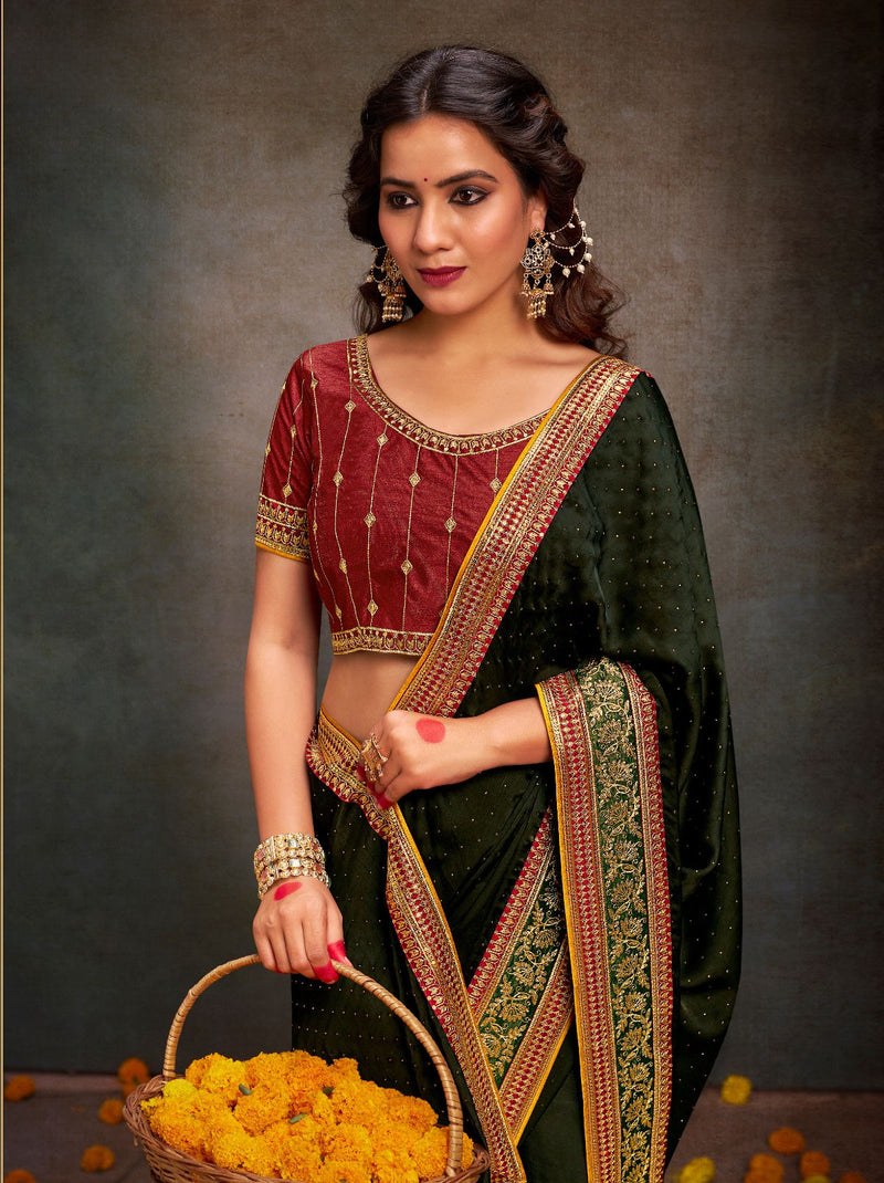 Dark Forest Green Fine Premium Wedding Designer Silk Saree