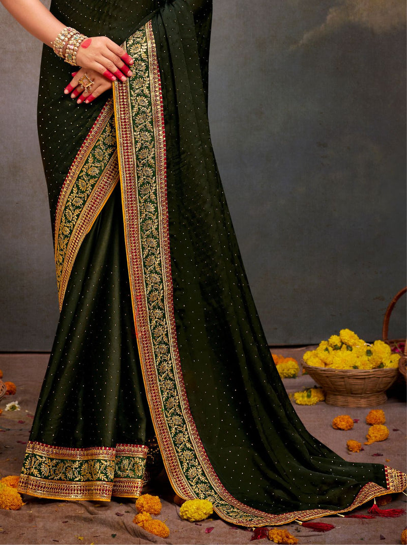 Dark Forest Green Fine Premium Wedding Designer Silk Saree