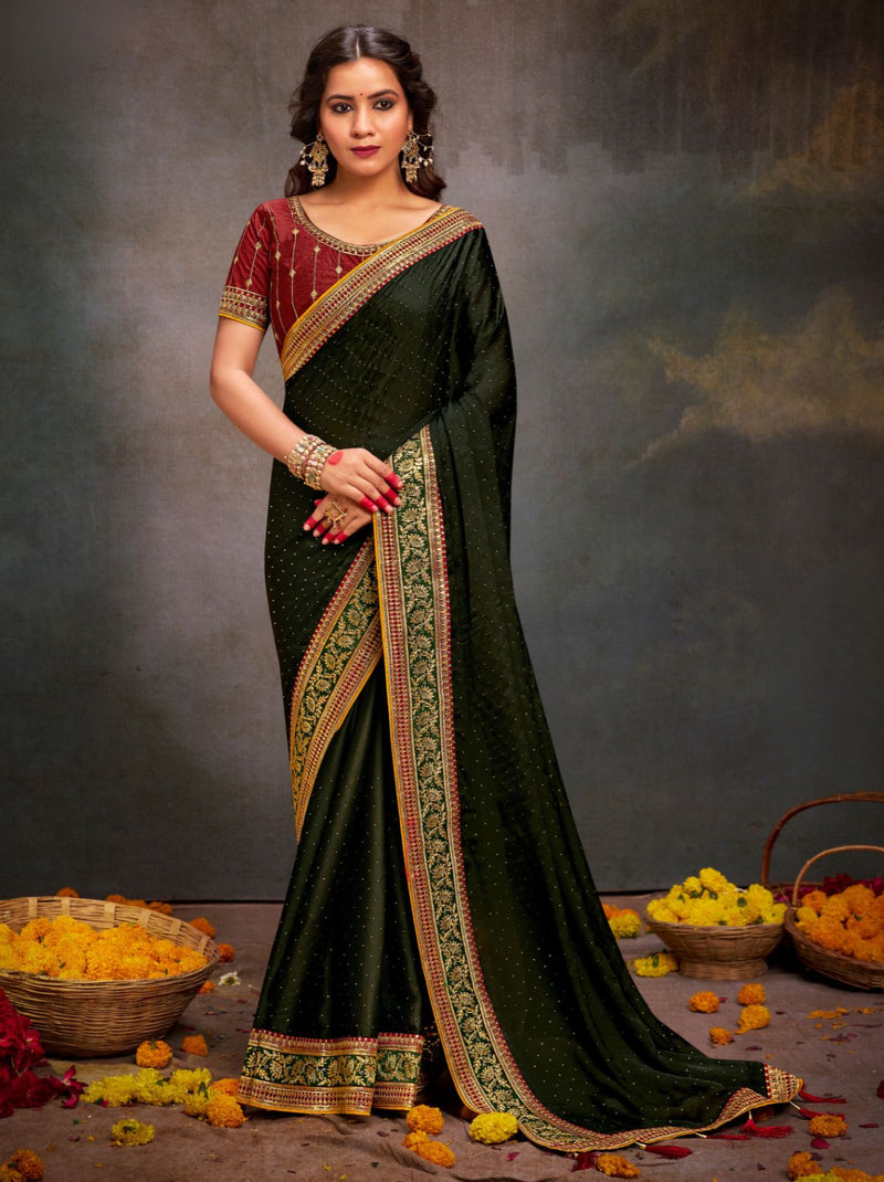 Dark Forest Green Fine Premium Wedding Designer Silk Saree