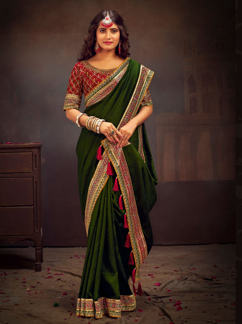 Army Green Fine Wedding Premium Designer Silk Saree