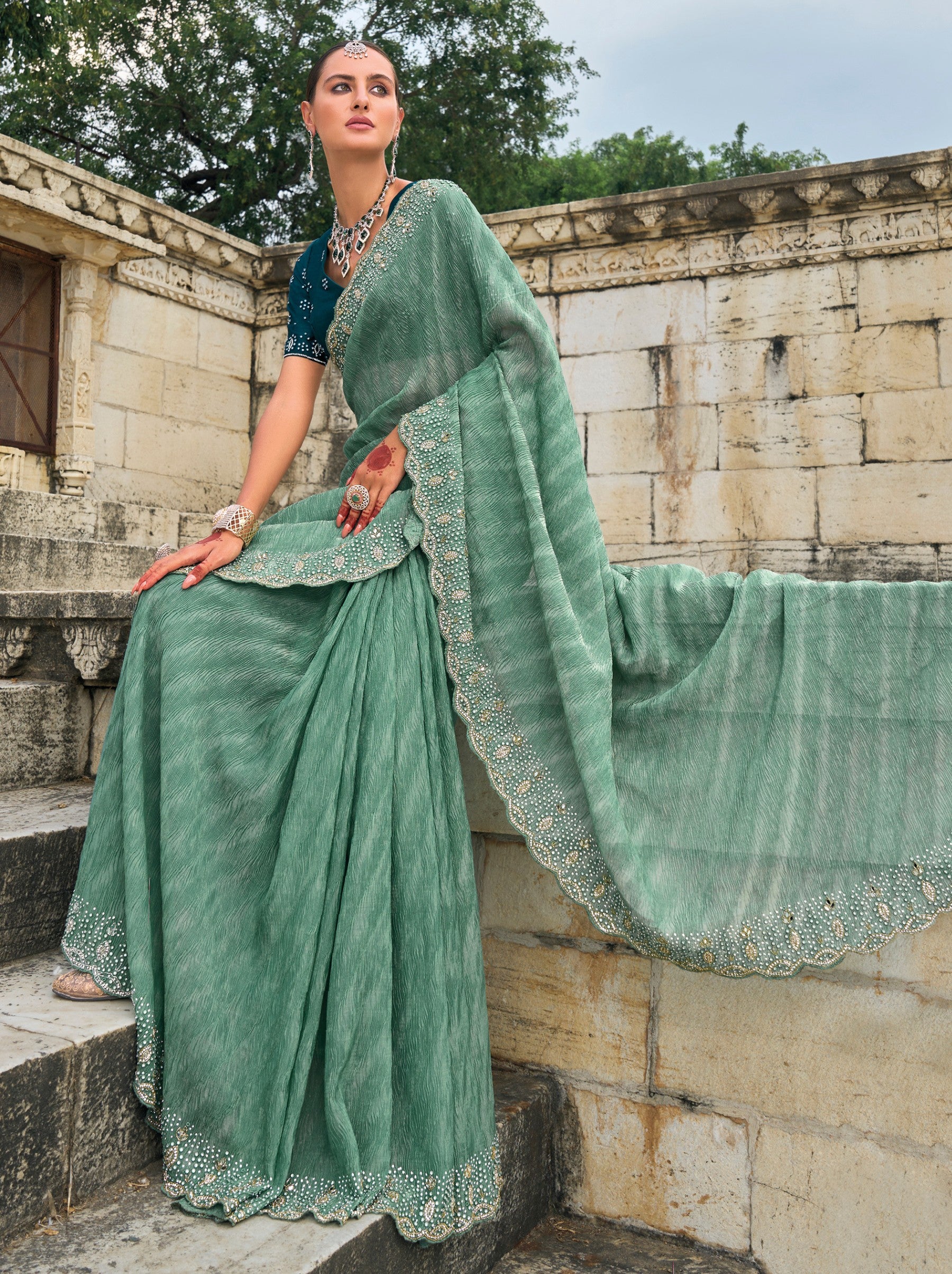 Persian Green Wedding Designer Saree - TrendOye