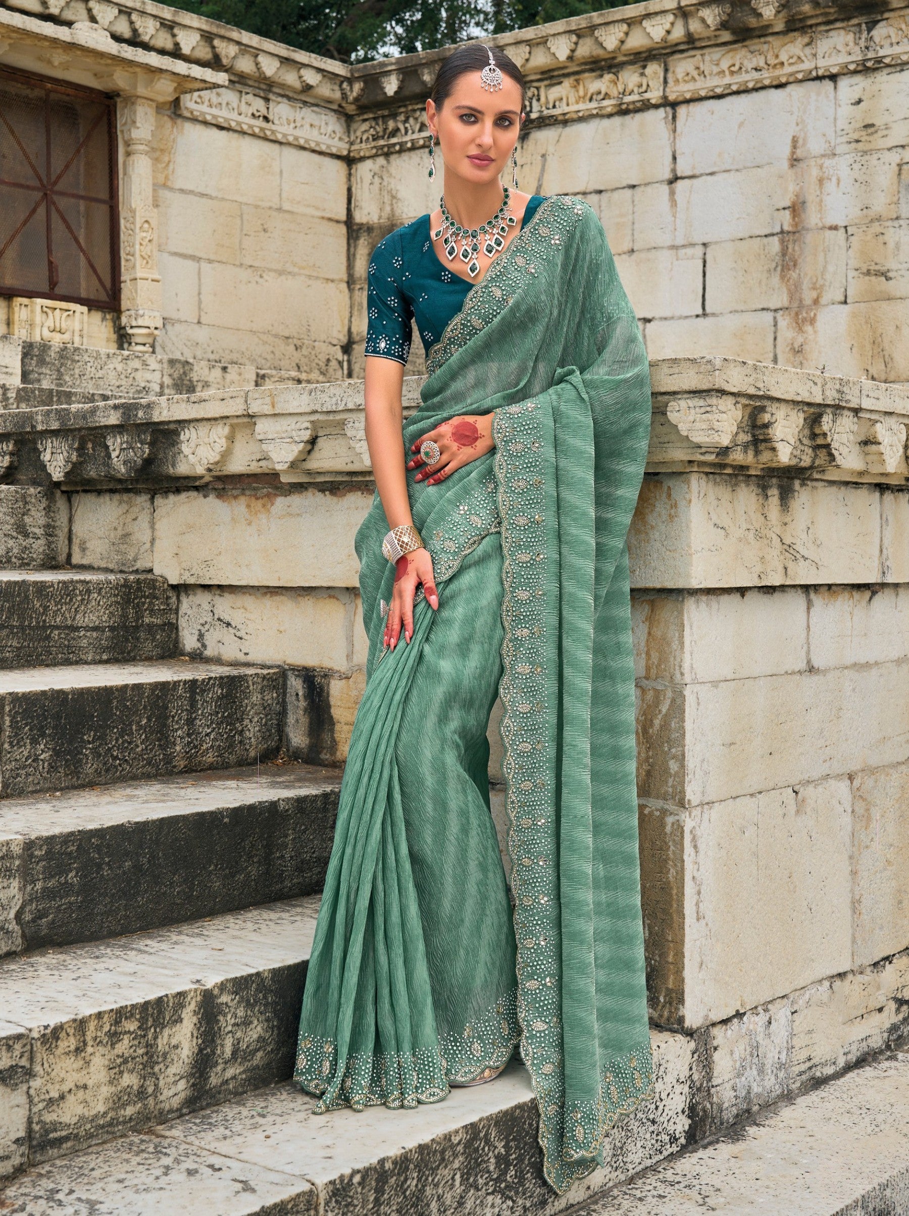 Persian Green Wedding Designer Saree - TrendOye