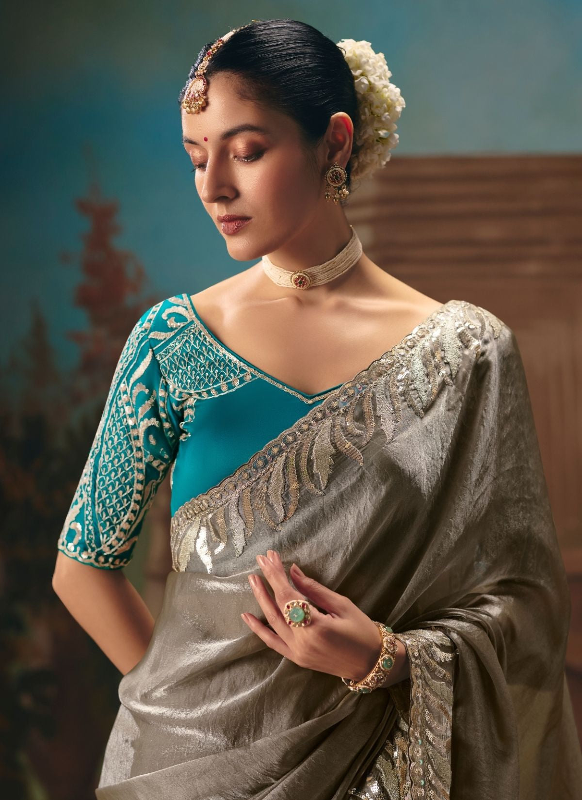 Stone Grey Celebration Fancy Saree With Premium Blouse Piece - TrendOye