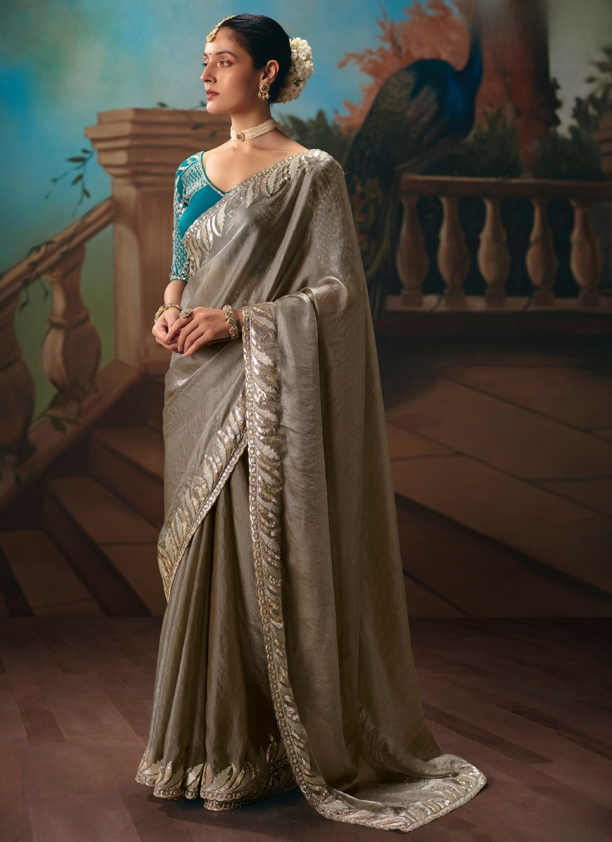 Stone Grey Celebration Fancy Saree With Premium Blouse Piece - TrendOye
