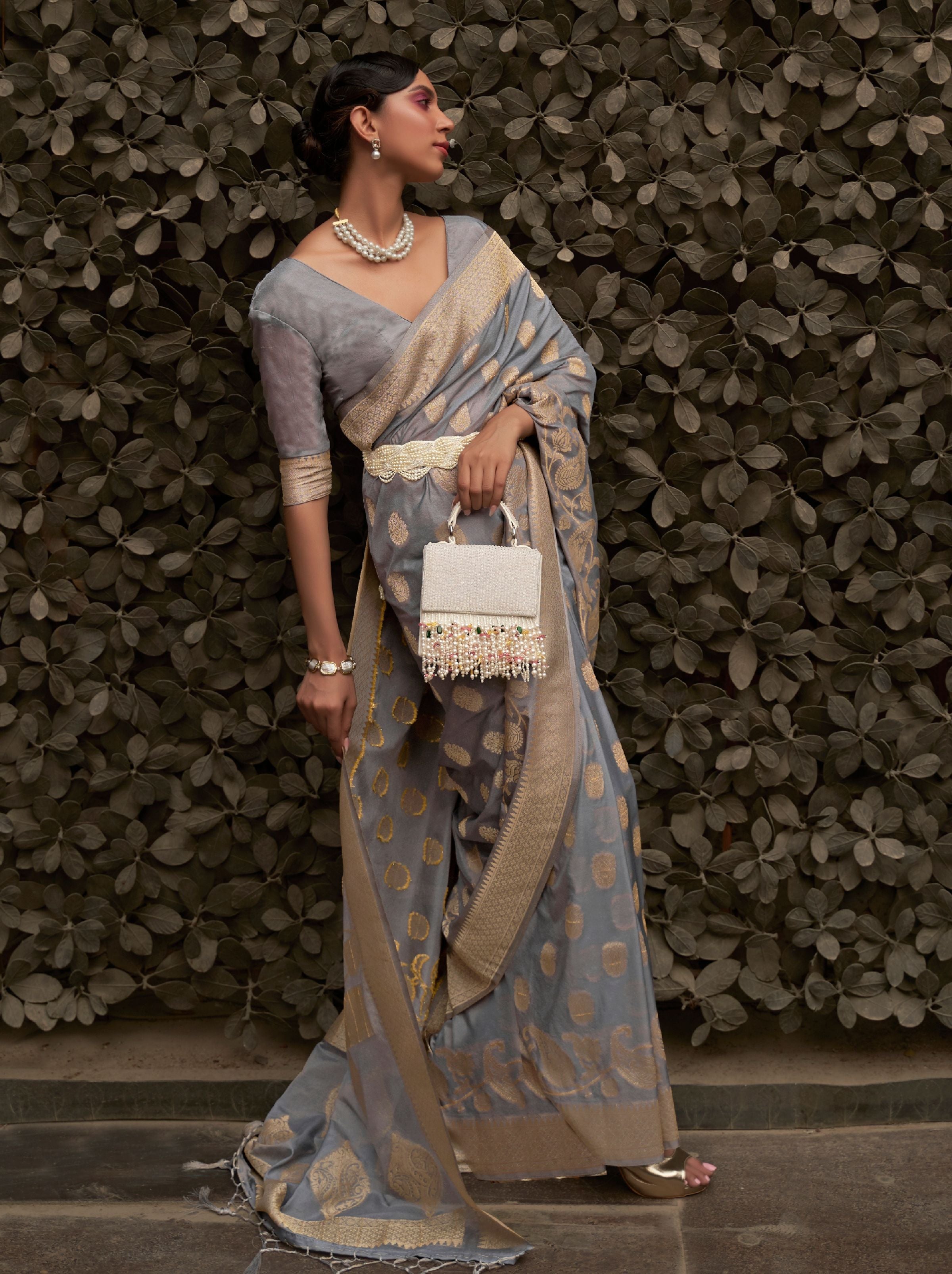 Lava Grey Designer Chinon Silk Saree - TrendOye
