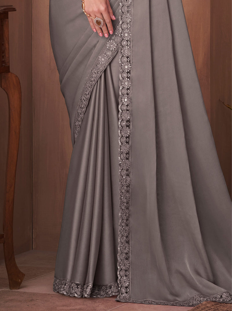 Stone Grey fancy  Silk Blended Saree - TrendOye
