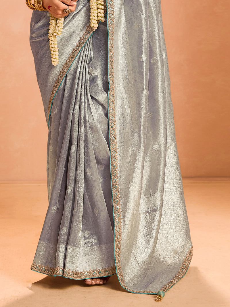 Pewter Gray Zari Tissue Silk Wedding Party Saree