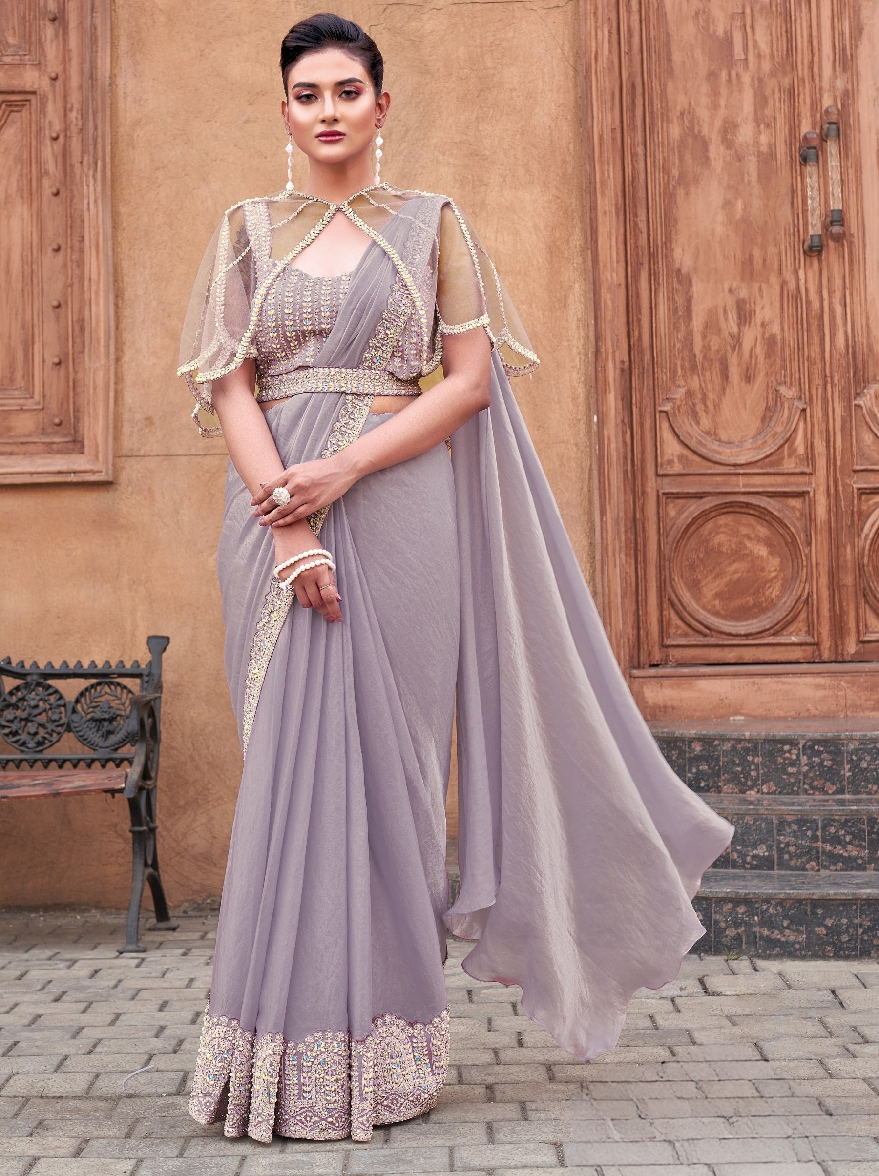 Light Grey Designer Ready To Wear Saree With Stitched Blouse