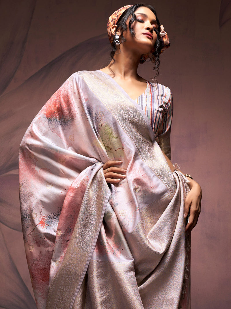Pearl Grey Silk Blended Saree - TrendOye