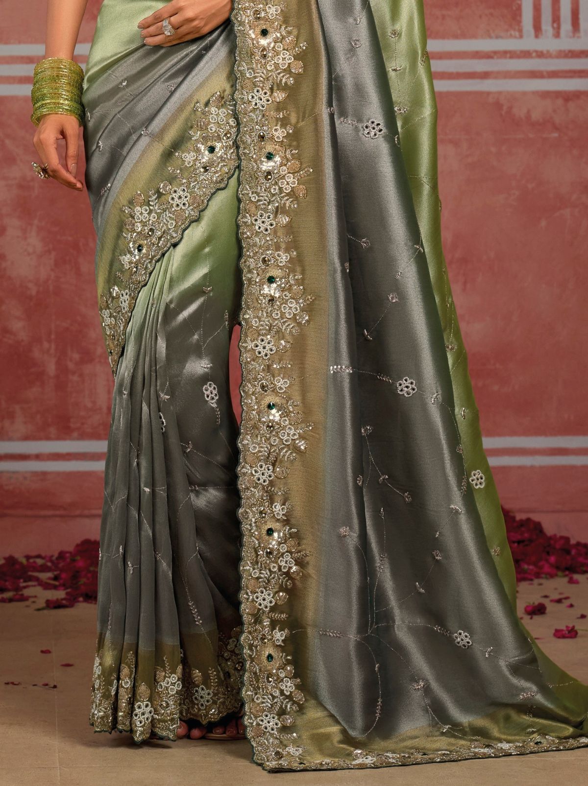 Luxurious Green-Grey Premium Silk Saree With Intricate Embroidery